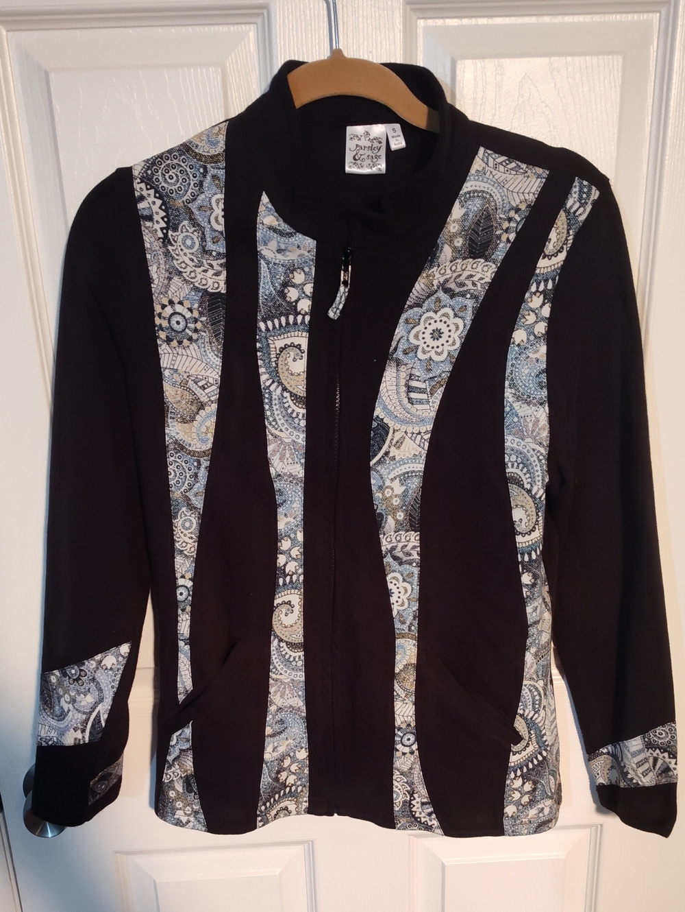 Parsley & Sage Black Jacket with Blue and Cream Paisley Panels